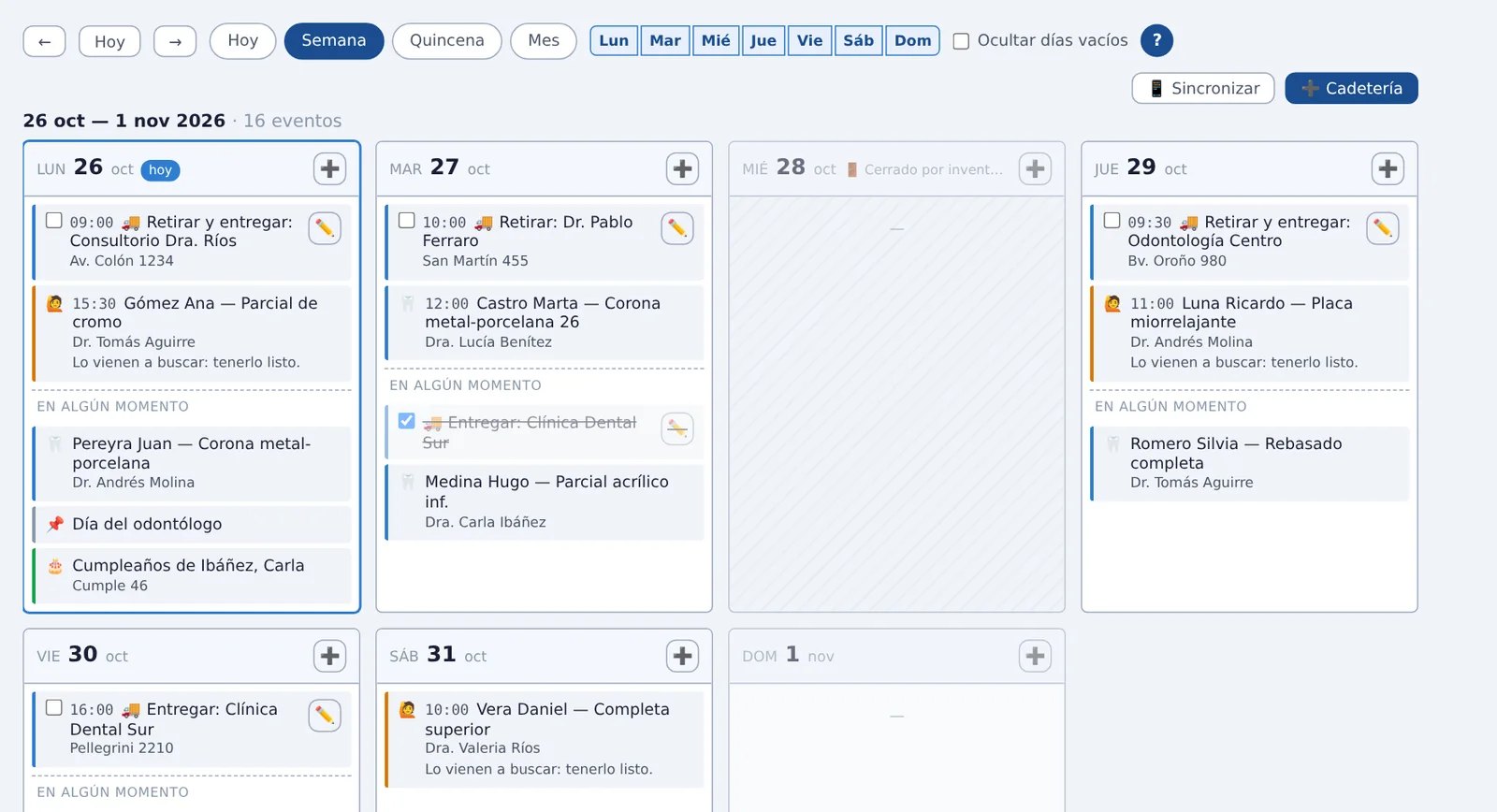 Agenda semanal con cadetería